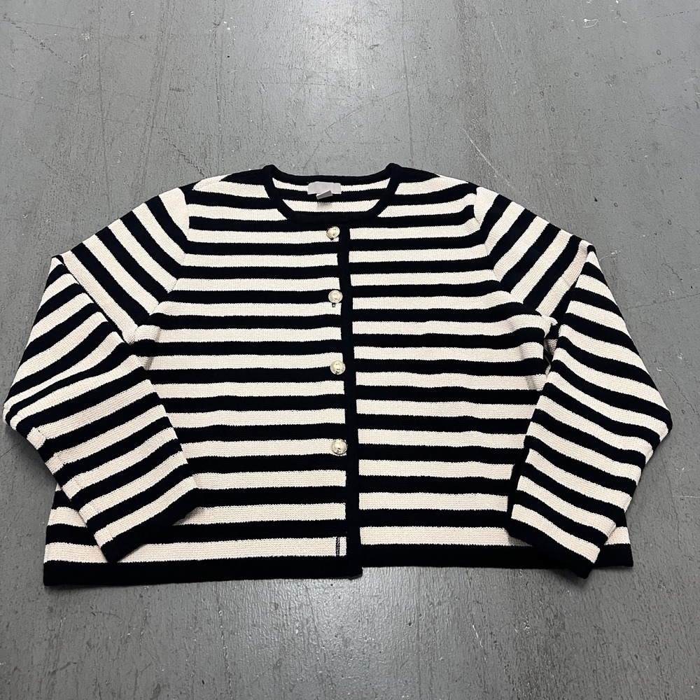 H & M Women's Striped Knit‎ Cardigan Jacket Cream Black Gold Buttons Size XL